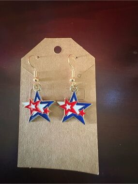 Patriotic Red White Blue Star Dangle Earrings